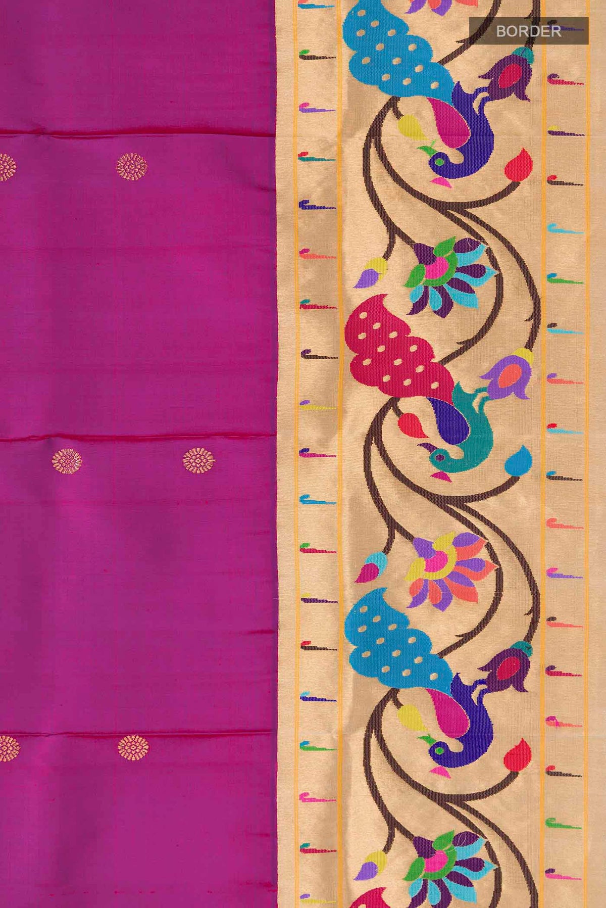 Border image of Pure Silk Pure Zari Magenta Gadwal Saree with Zari Butta on the body and Paithani Border