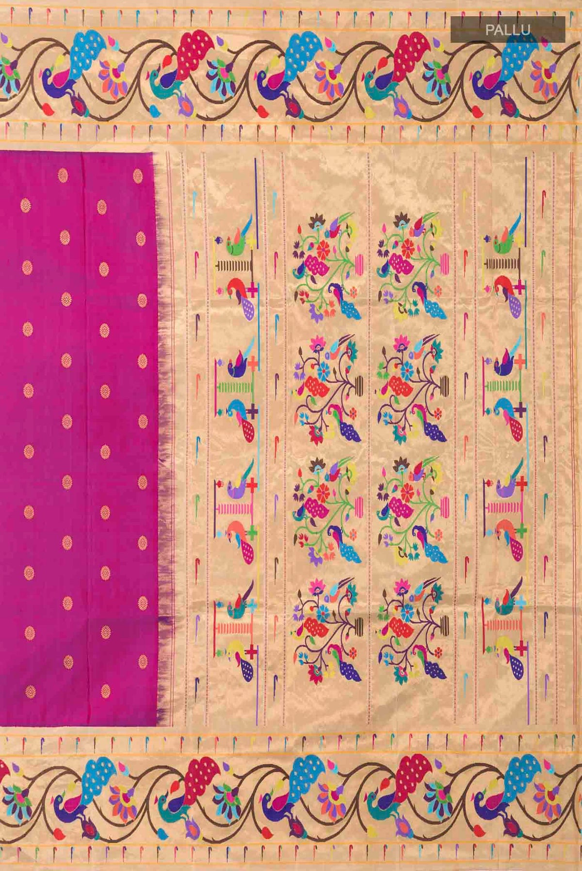 Close up image of the pallu of Pure Silk Pure Zari Magenta Gadwal Saree with Zari Butta on the body and Paithani Border