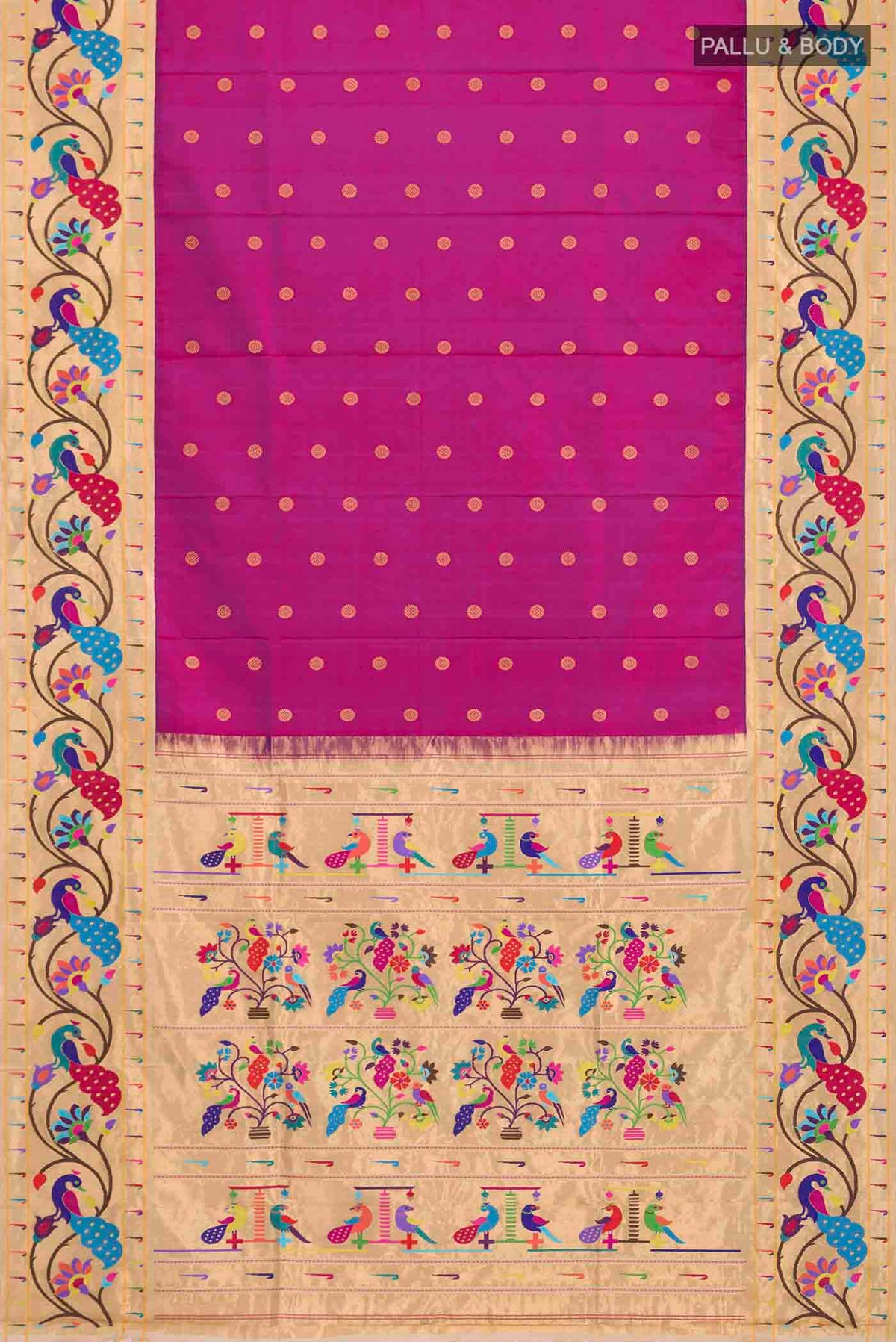 Flat view of Pure Silk Pure Zari Magenta Gadwal Saree with Zari Butta on the body and Paithani Border
