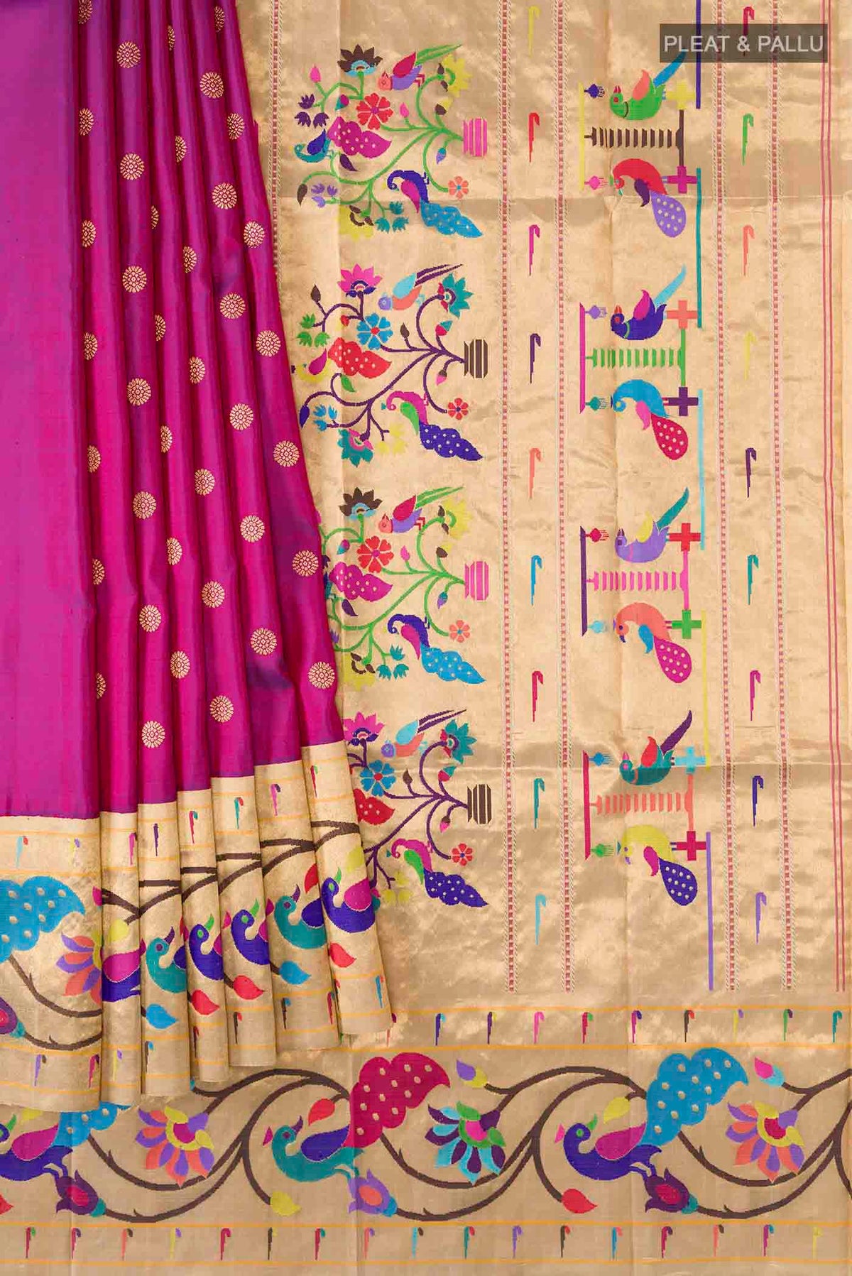 Pleats and pallu of Pure Silk Pure Zari Magenta Gadwal Saree with Zari Butta on the body and Paithani Border
