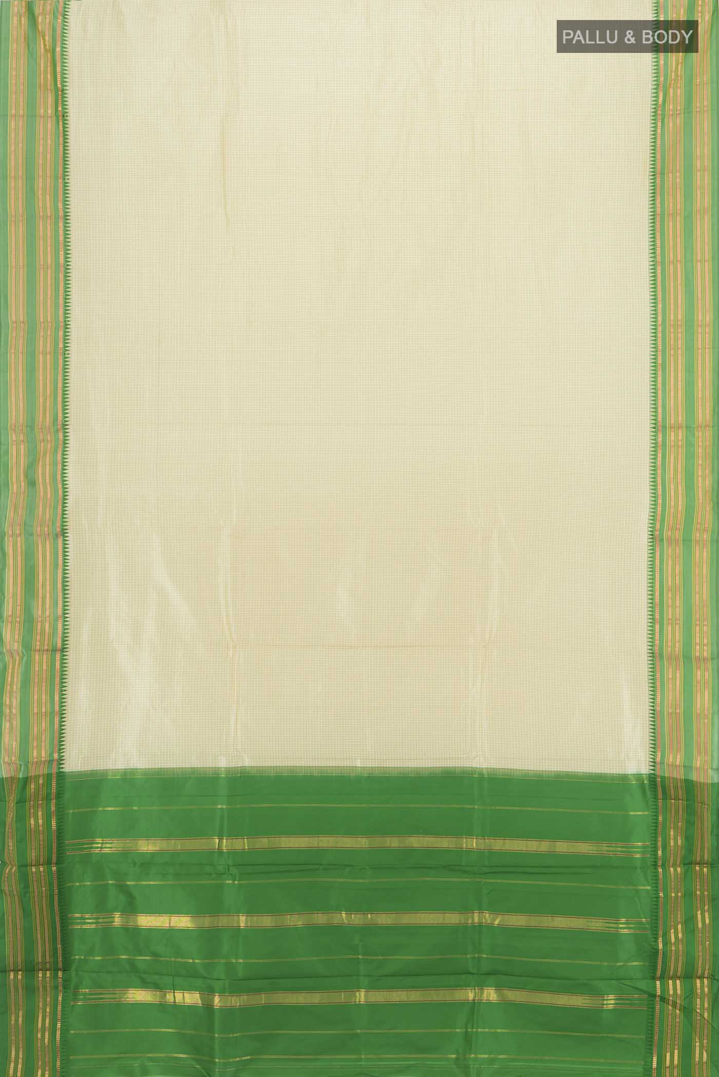 Flat view of Cream Narayanpet Silk Saree with Zari Butta on the body and Silk Border. 