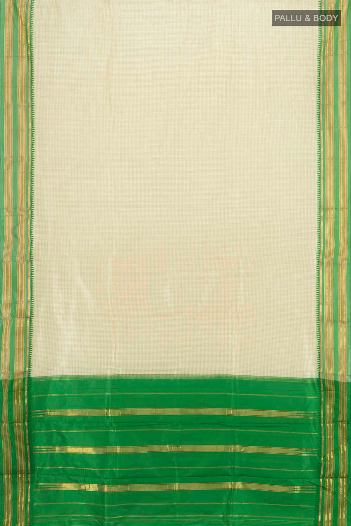 Flat view of Cream Narayanpet Silk Saree with Zari Butta on the body and Silk Border. 