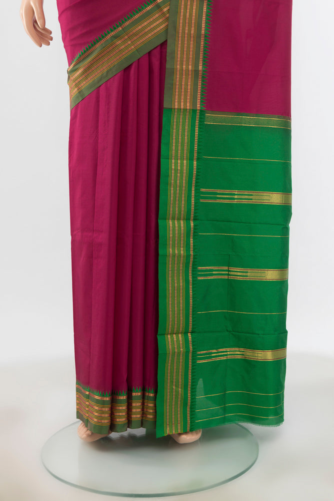 Pleats and pallu of Dark Pink Narayanpet Silk Saree with Plain Body and Silk Border. 