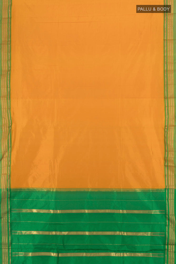 Flat view of Mustard Narayanpet Silk Saree with Plain Body and Silk Border. 