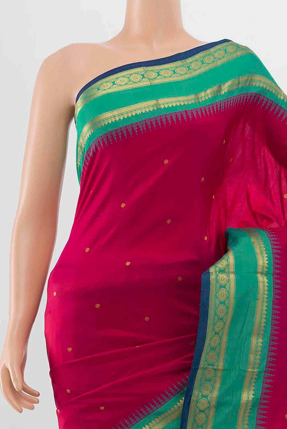 Border image of Dark Pink Narayanpet Silk Saree with Zari Butta on the body and Zari Border