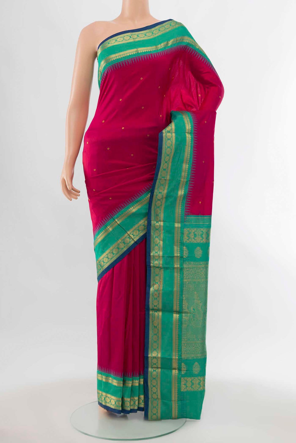 Dark Pink Narayanpet Silk Saree with Zari Butta on the body and Zari Border displayed on a mannequin