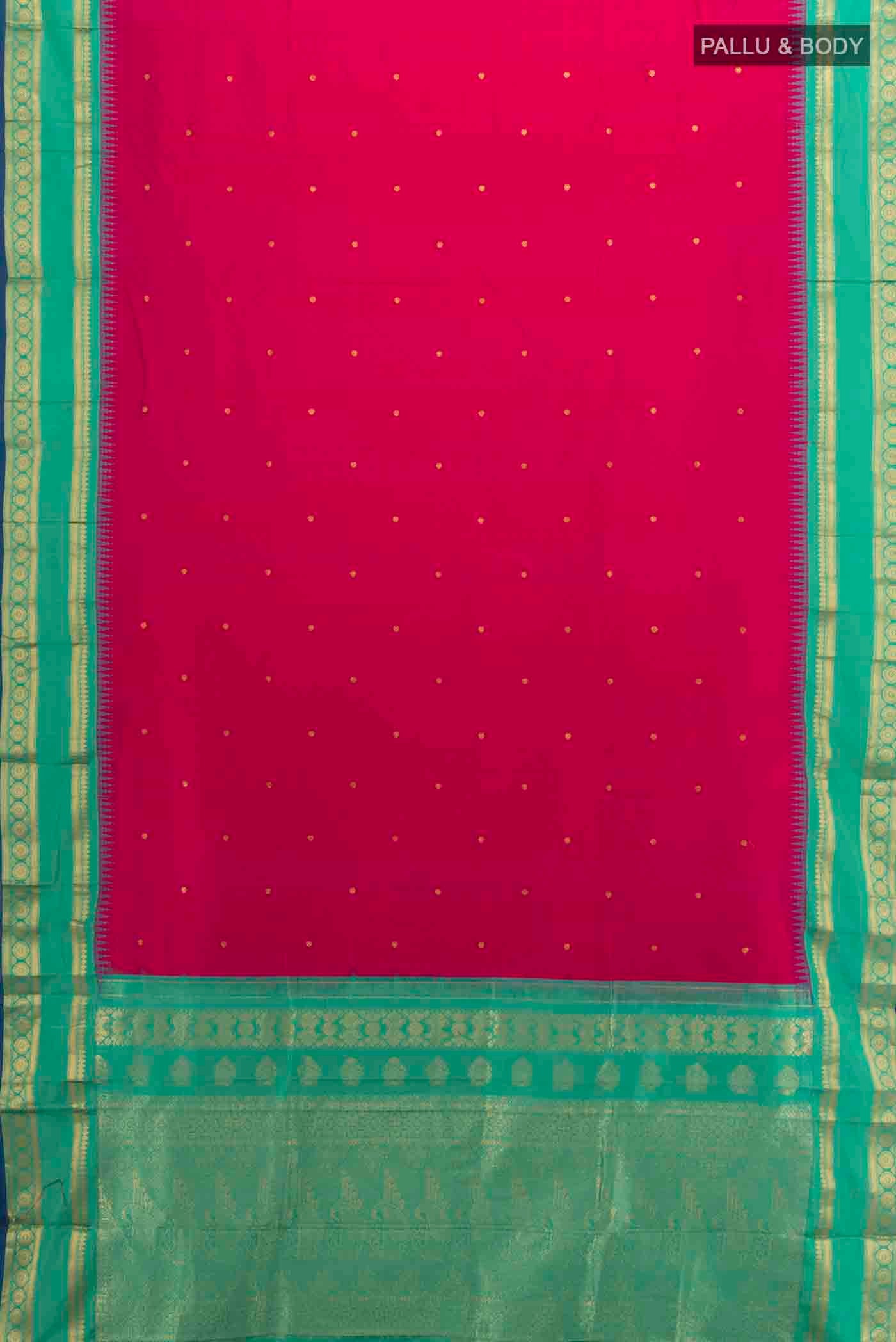 Flat view of Dark Pink Narayanpet Silk Saree with Zari Butta on the body and Zari Border