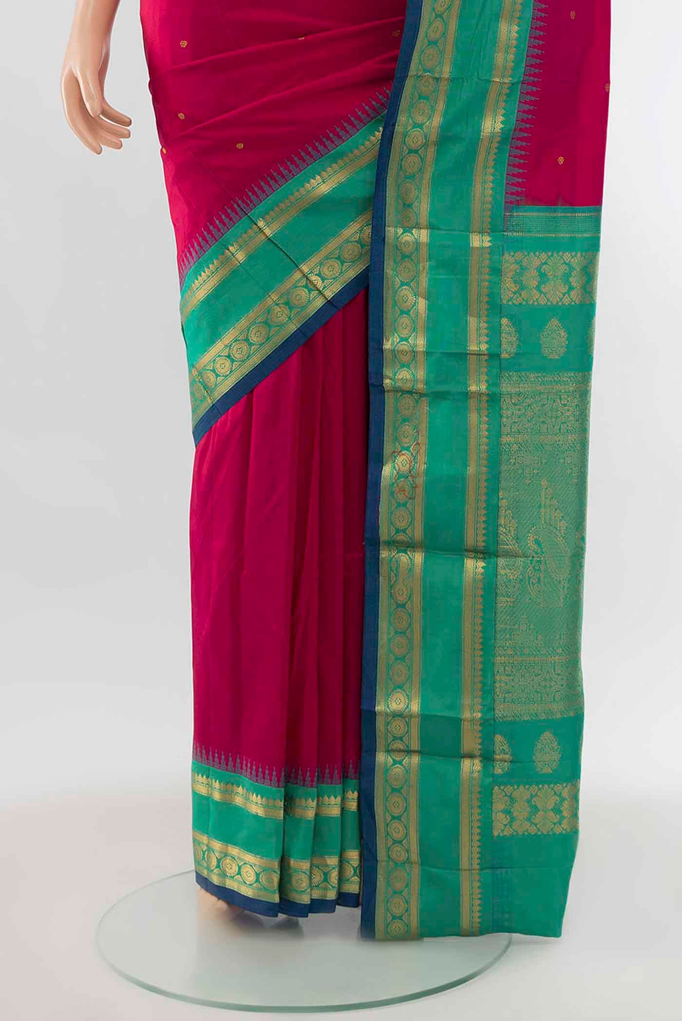 Pleats and pallu of Dark Pink Narayanpet Silk Saree with Zari Butta on the body and Zari Border