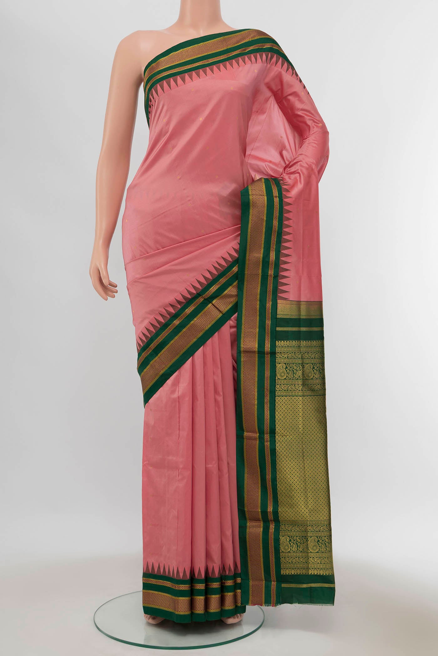 Peach Bangalore Silk - kadyal Saree with Zari Butta on the body and Silk Border displayed on a mannequin