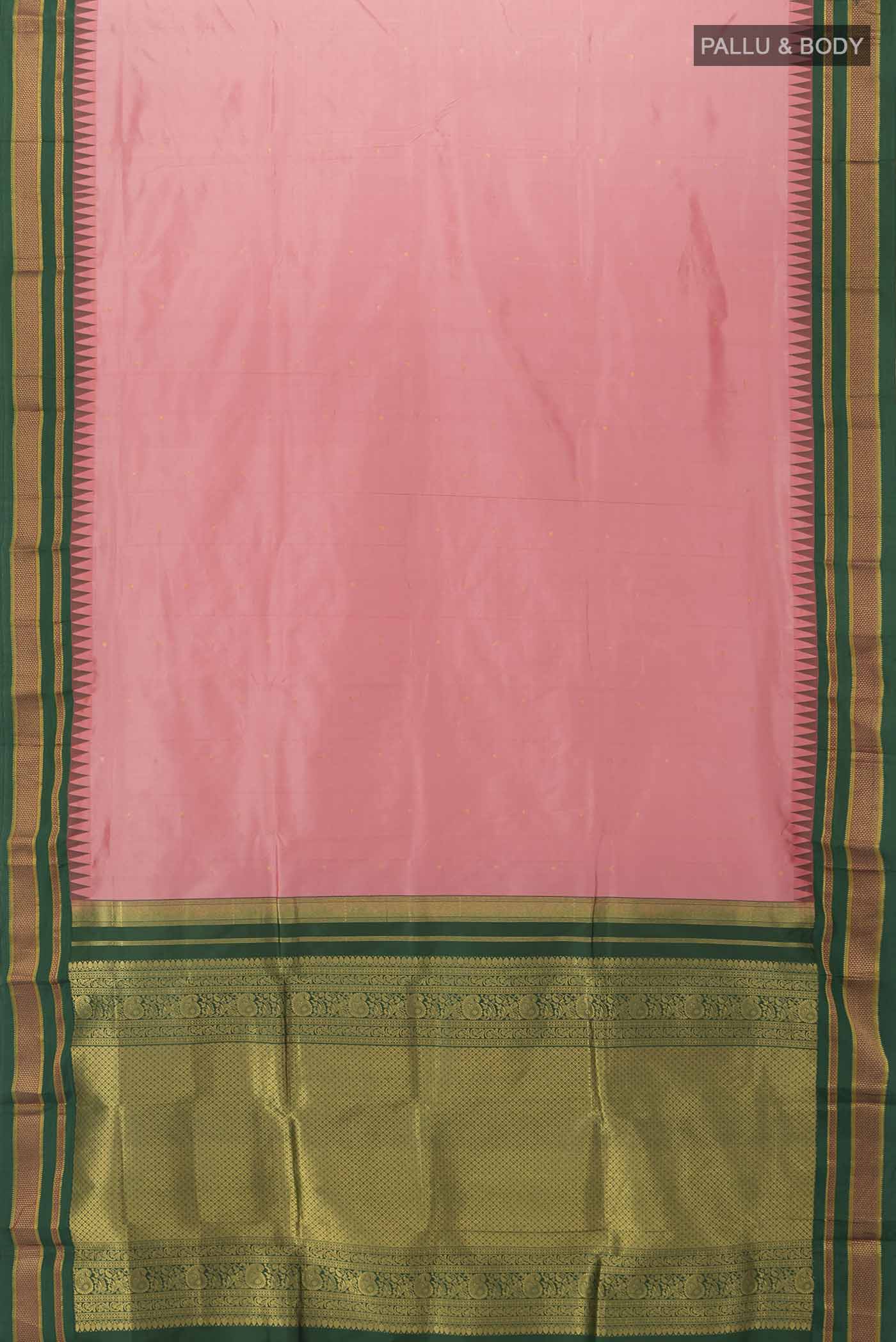 Flat view of Peach Bangalore Silk - kadyal Saree with Zari Butta on the body and Silk Border