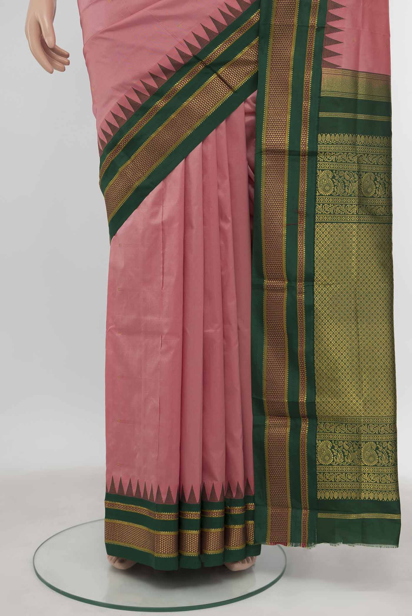 Pleats and pallu of Peach Bangalore Silk - kadyal Saree with Zari Butta on the body and Silk Border
