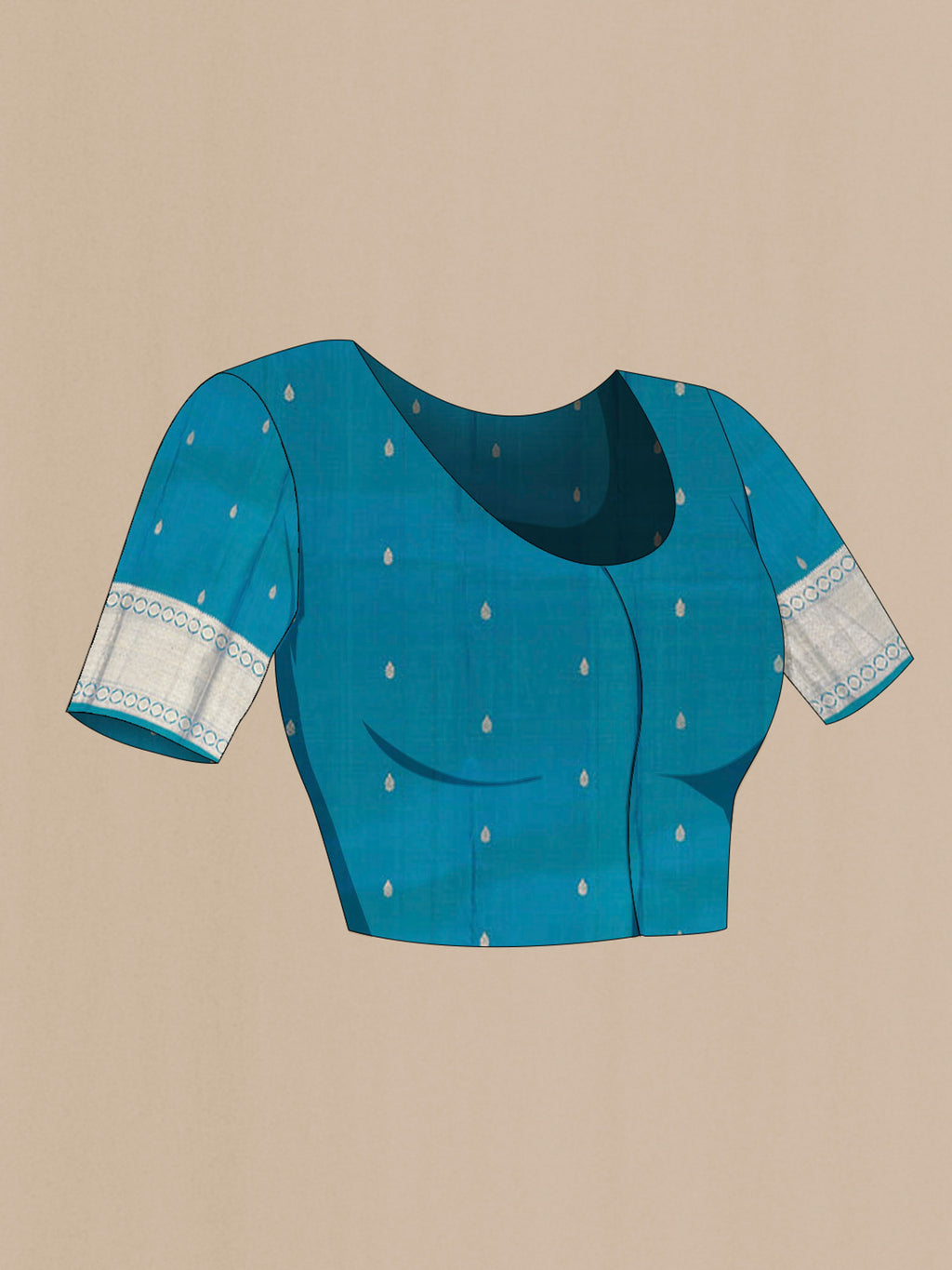 Close up image of the blouse of Peacock Blue Kanchipuram Silk Saree with Zari Butta on the body and Silk Border. 