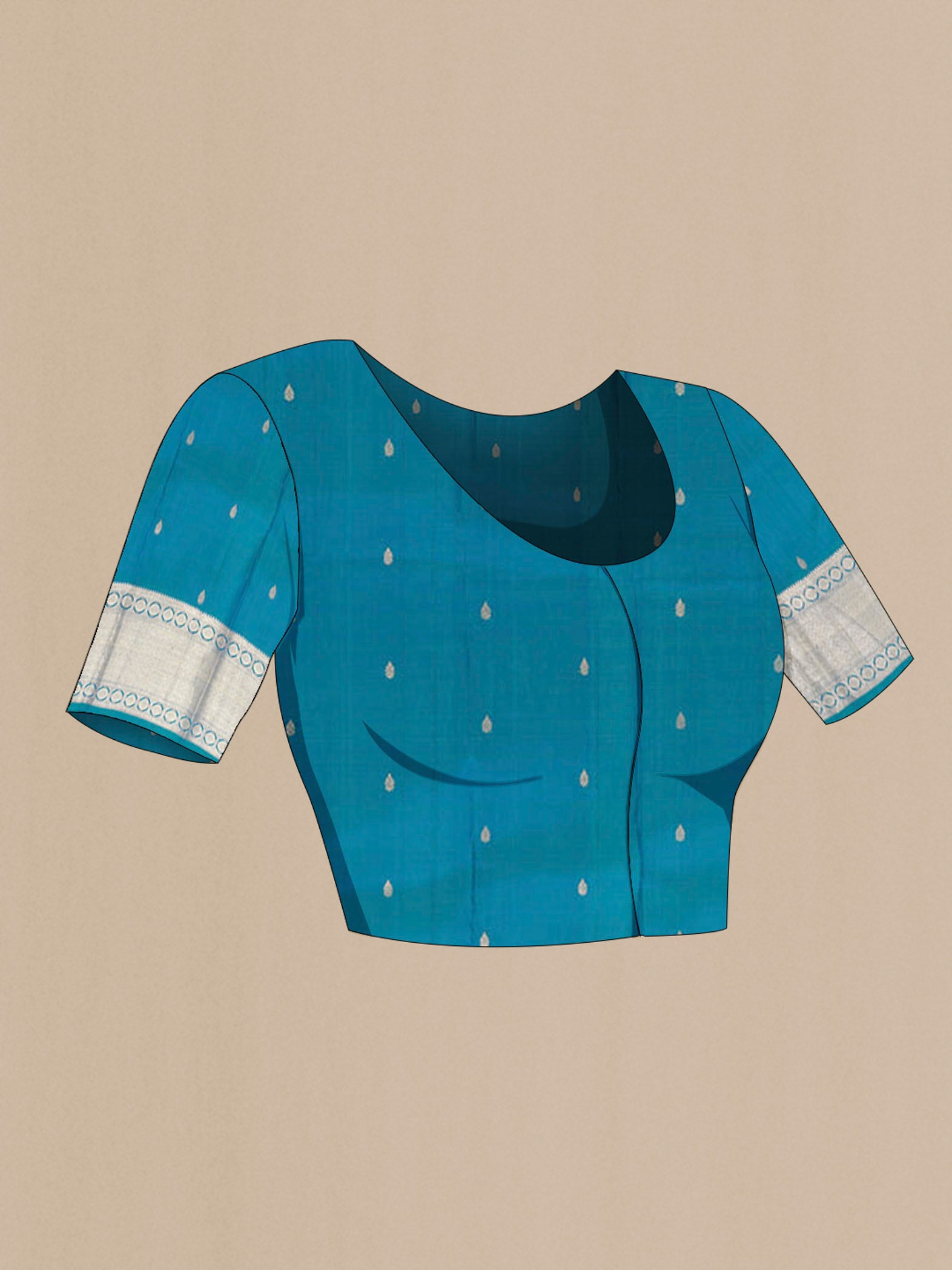 Close up image of the blouse of Peacock Blue Kanchipuram Silk Saree with Zari Butta on the body and Silk Border. 