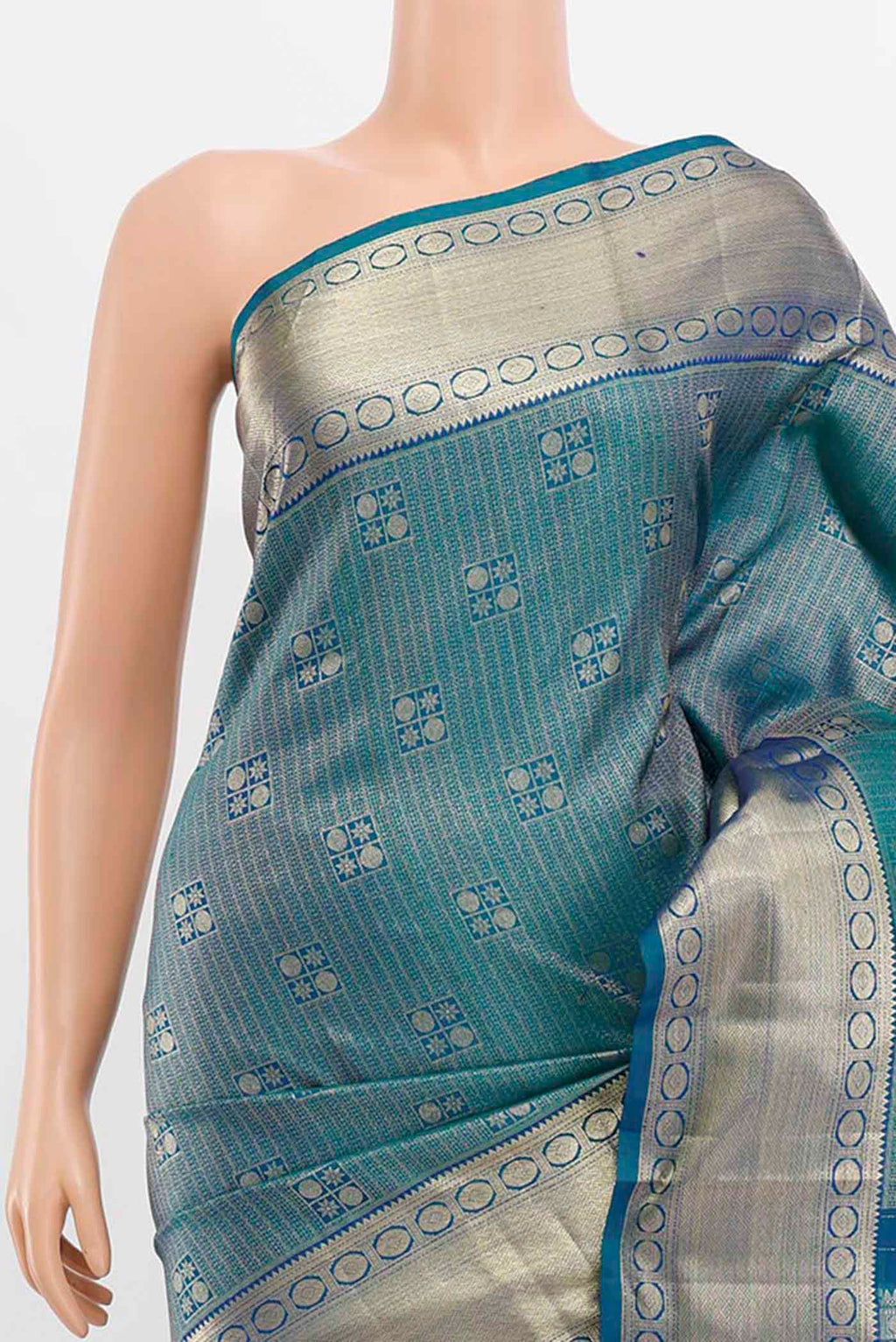 Border image of Peacock Blue Kanchipuram Silk Saree with Zari Butta on the body and Silk Border. 