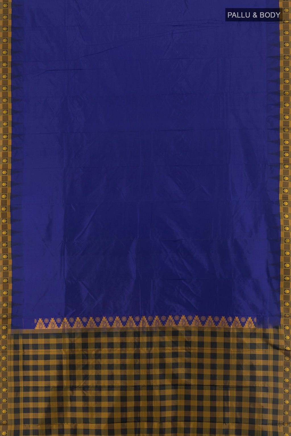 Flat view of Dark Blue Bangalore Silk - kadyal Saree with Plain Body and Thread Border. 