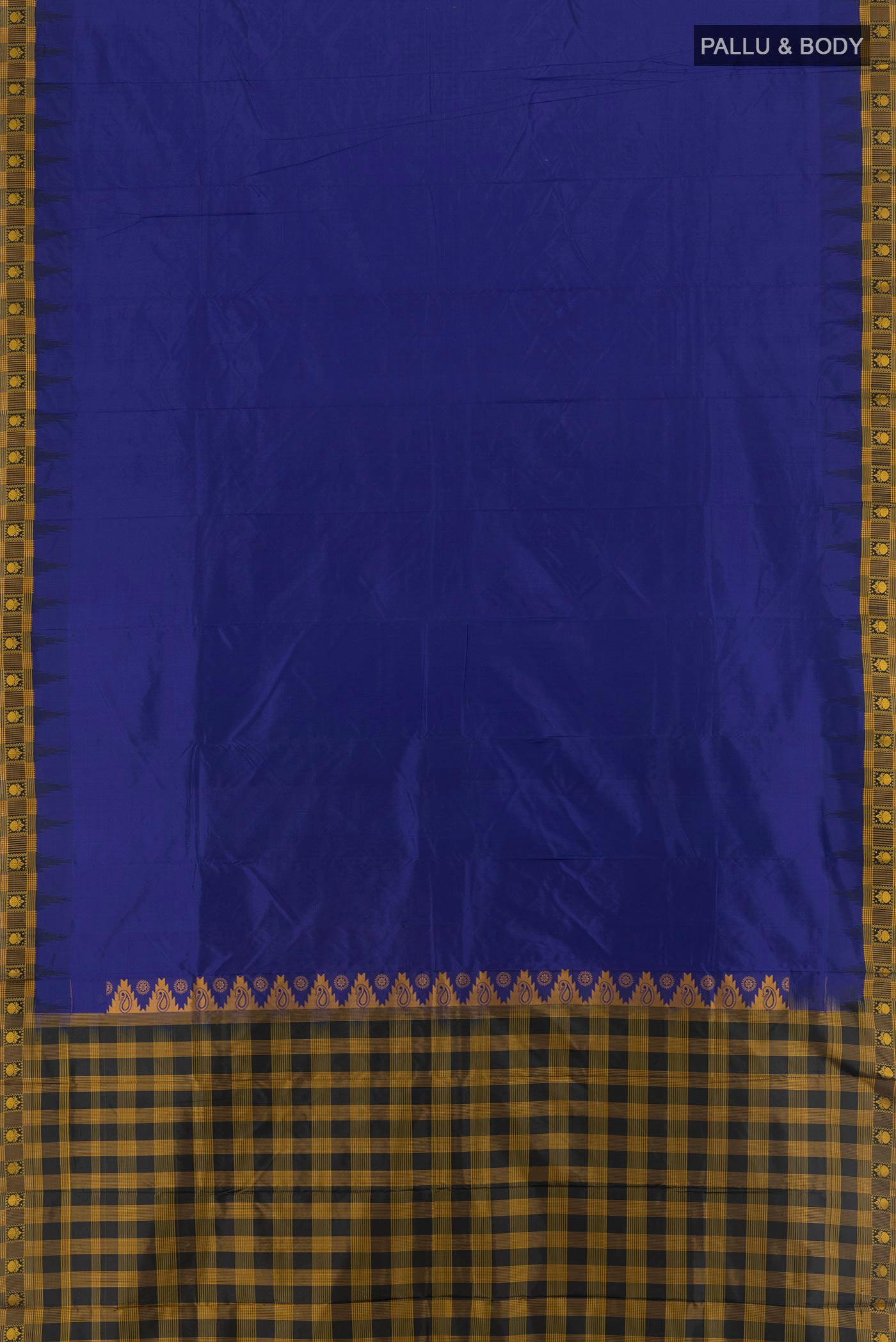 Flat view of Dark Blue Bangalore Silk - kadyal Saree with Plain Body and Thread Border. 
