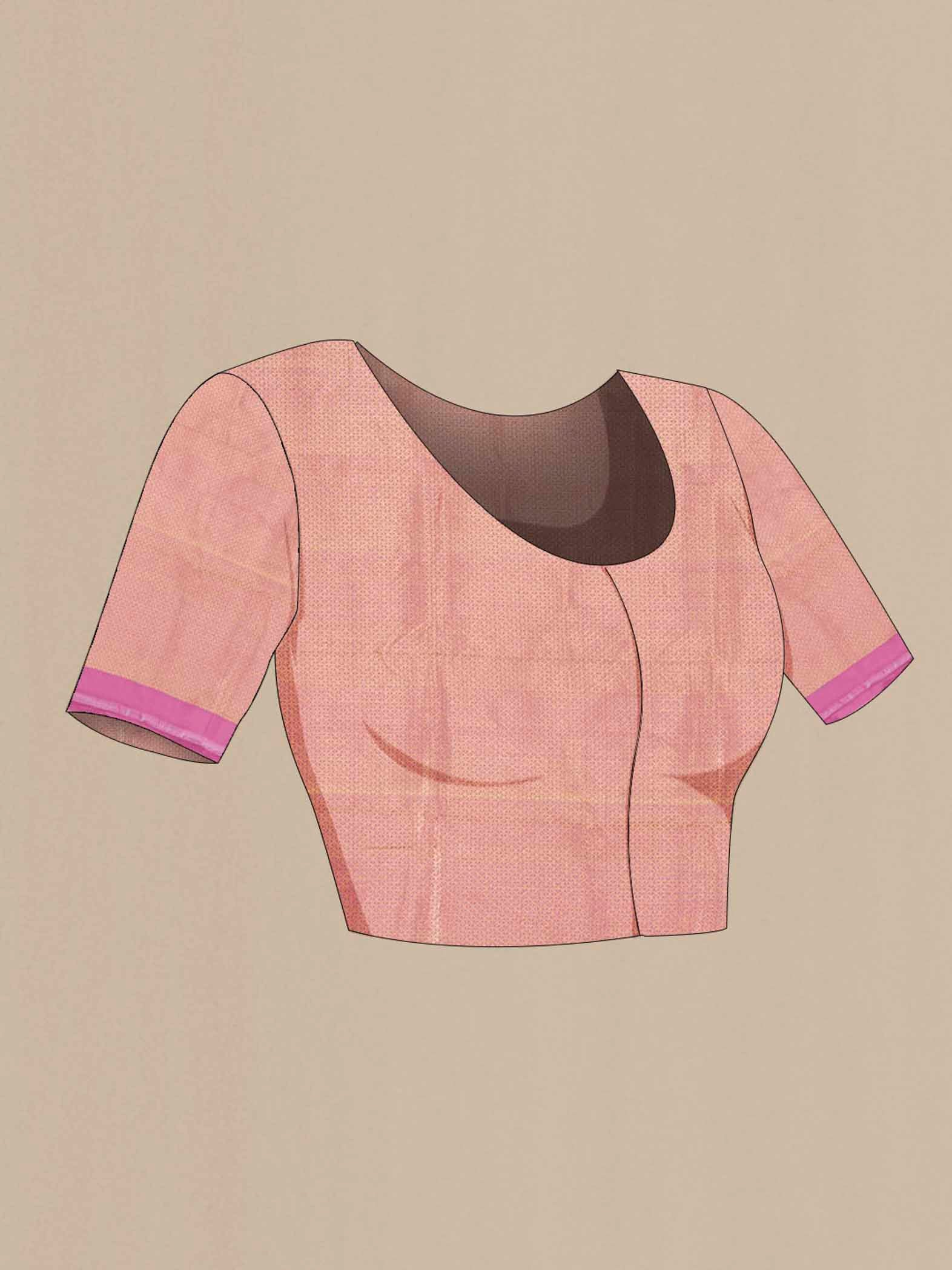 Close up image of the blouse of Light Magenta Banarasi Katan Silk Saree with Zari Butta on the body and Silk Border. 