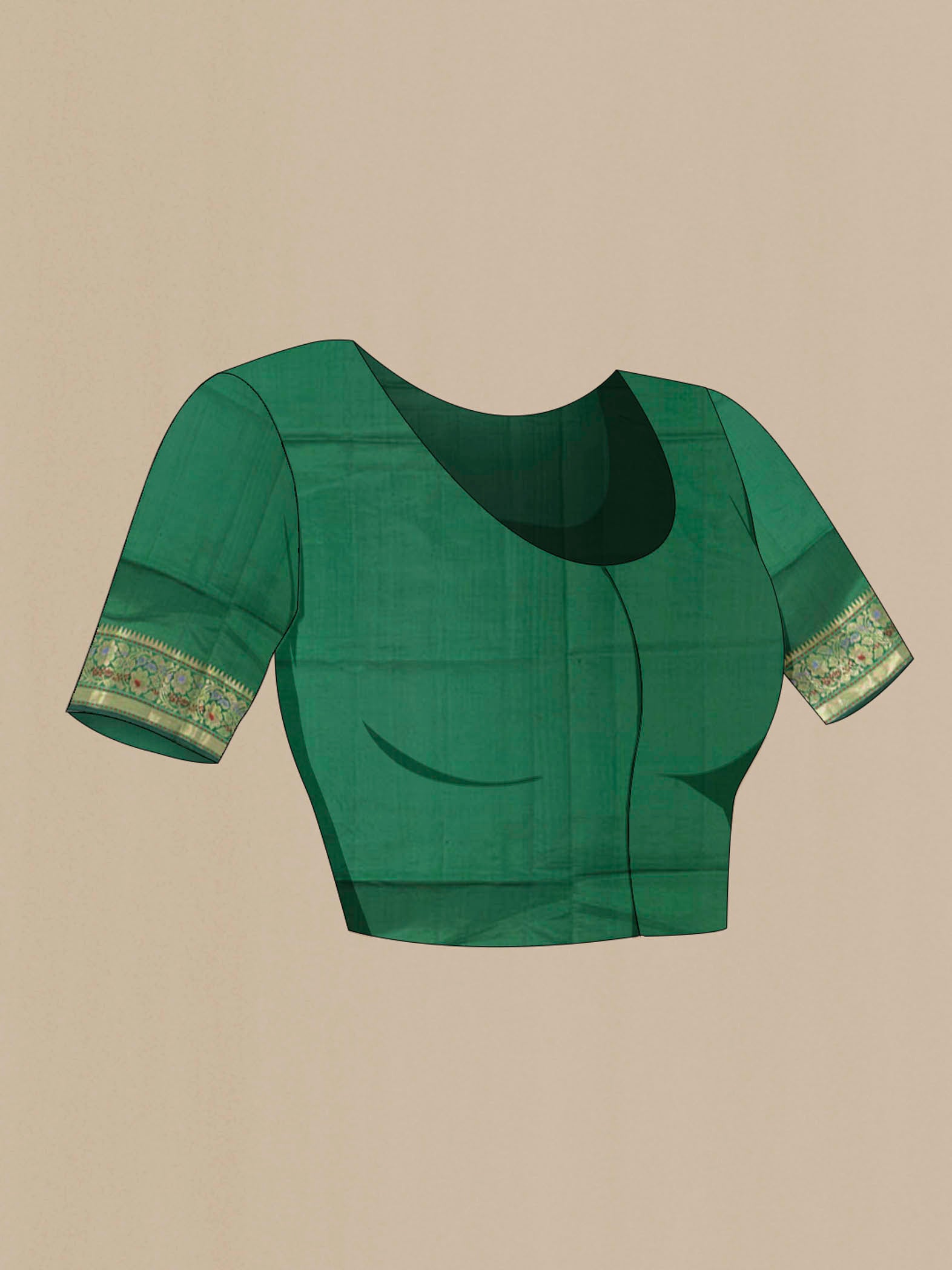 Close up image of the blouse of Bottle Green Banarasi Raw Silk Saree with Zari Butta on the body and Silk Border