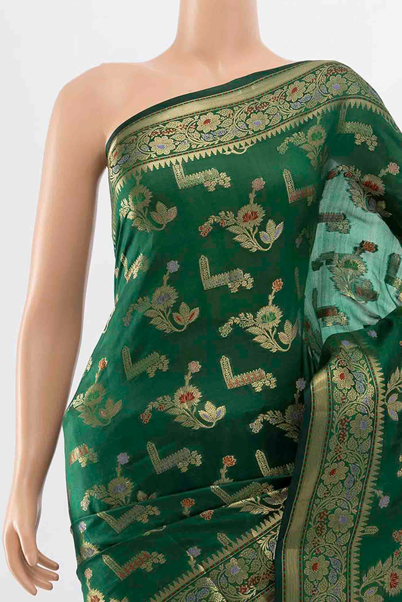Border image of Bottle Green Banarasi Raw Silk Saree with Zari Butta on the body and Silk Border