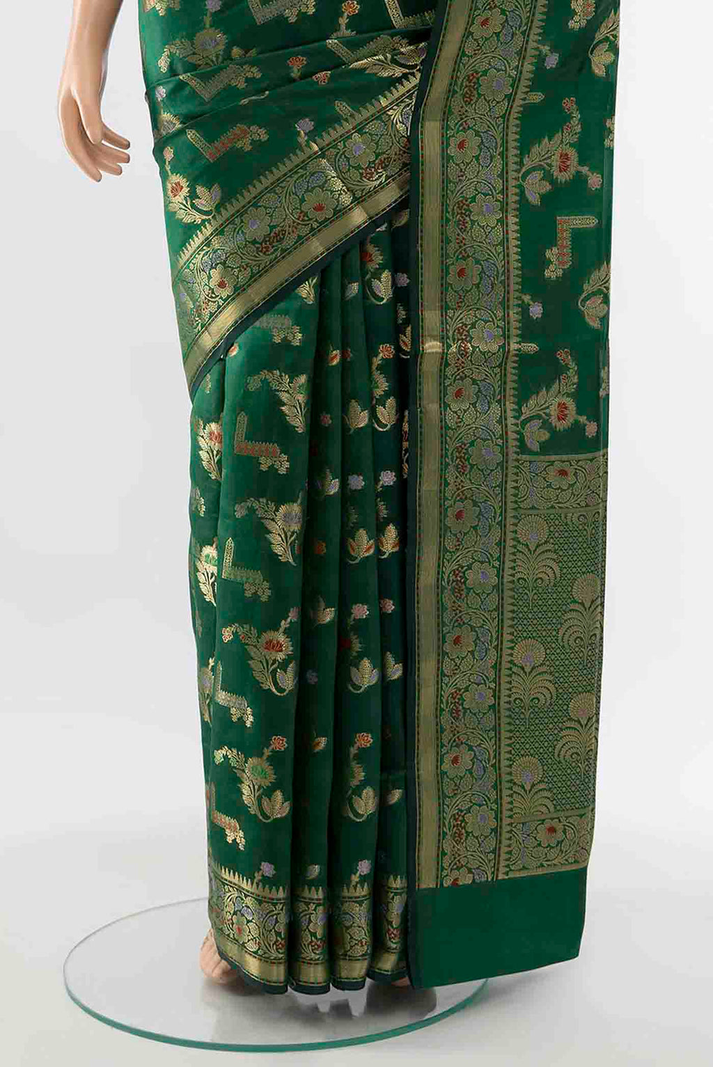 Pleats and pallu of Bottle Green Banarasi Raw Silk Saree with Zari Butta on the body and Silk Border