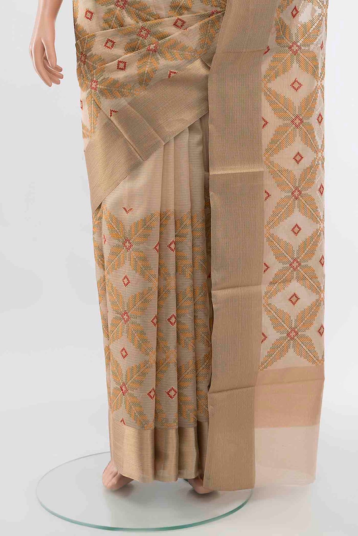 Pleats and pallu of Beige Art Silk Saree with Embroidery on the body and Silk Border