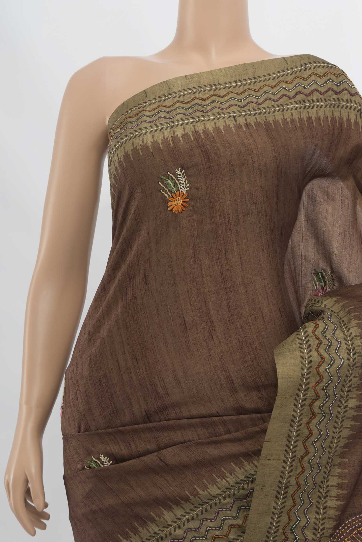 Border image of Brown Art Silk Saree with Embroidery on the body and Embroidery Border. 