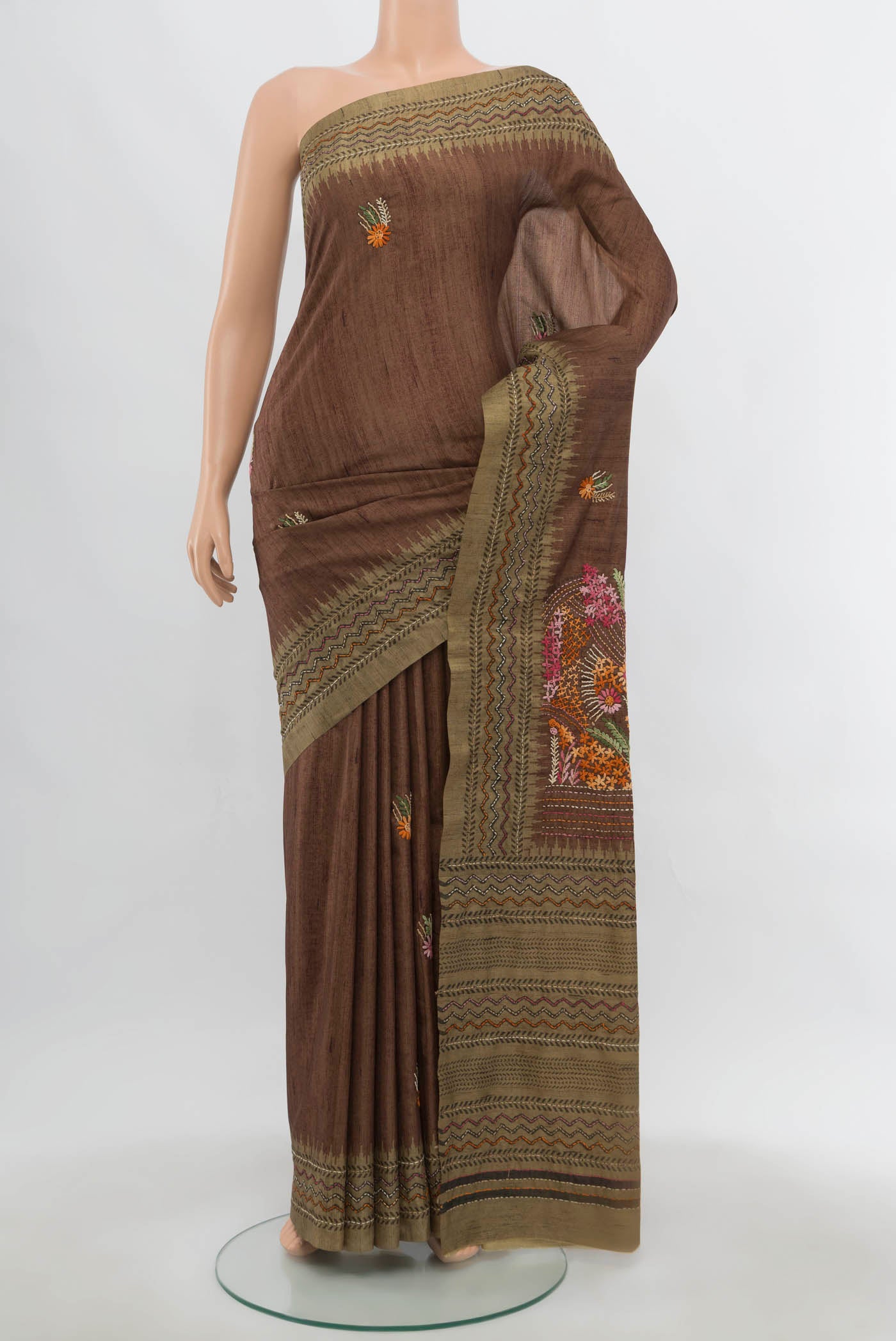 Brown Art Silk Saree with Embroidery on the body and Embroidery Border.  displayed on a mannequin