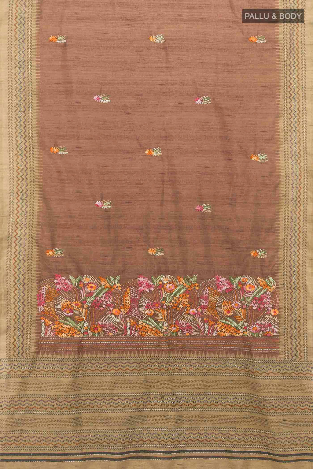 Flat view of Brown Art Silk Saree with Embroidery on the body and Embroidery Border. 