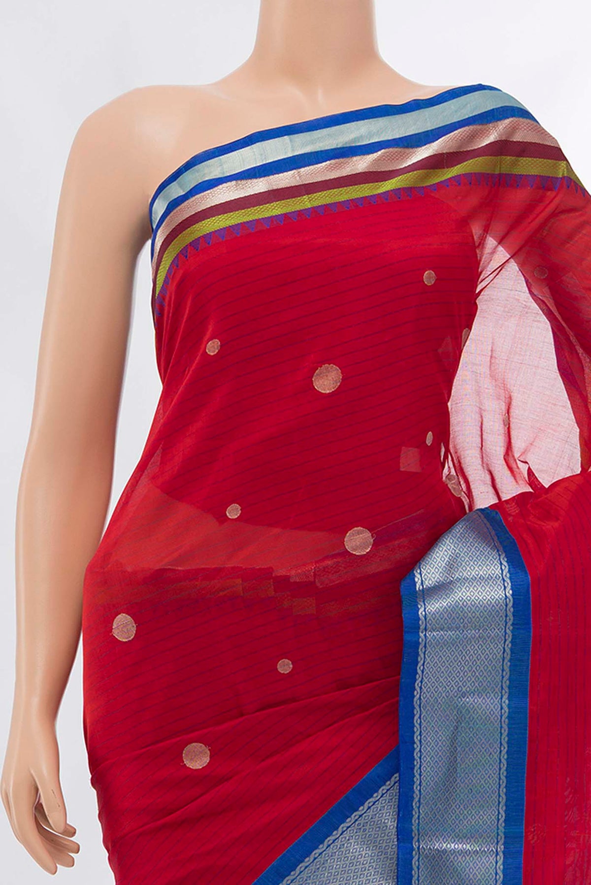 Border image of Red Cotton Saree with Zari Brocade on the body and Silk Border