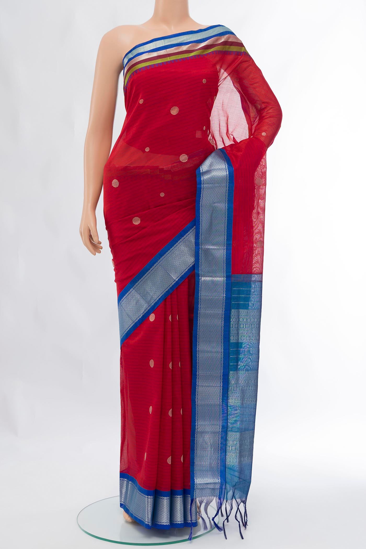 Red Cotton Saree with Zari Brocade on the body and Silk Border displayed on a mannequin