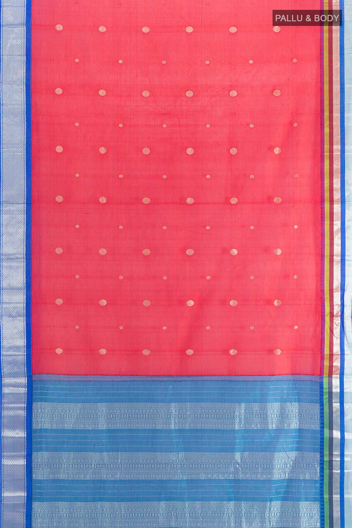 Flat view of Red Cotton Saree with Zari Brocade on the body and Silk Border