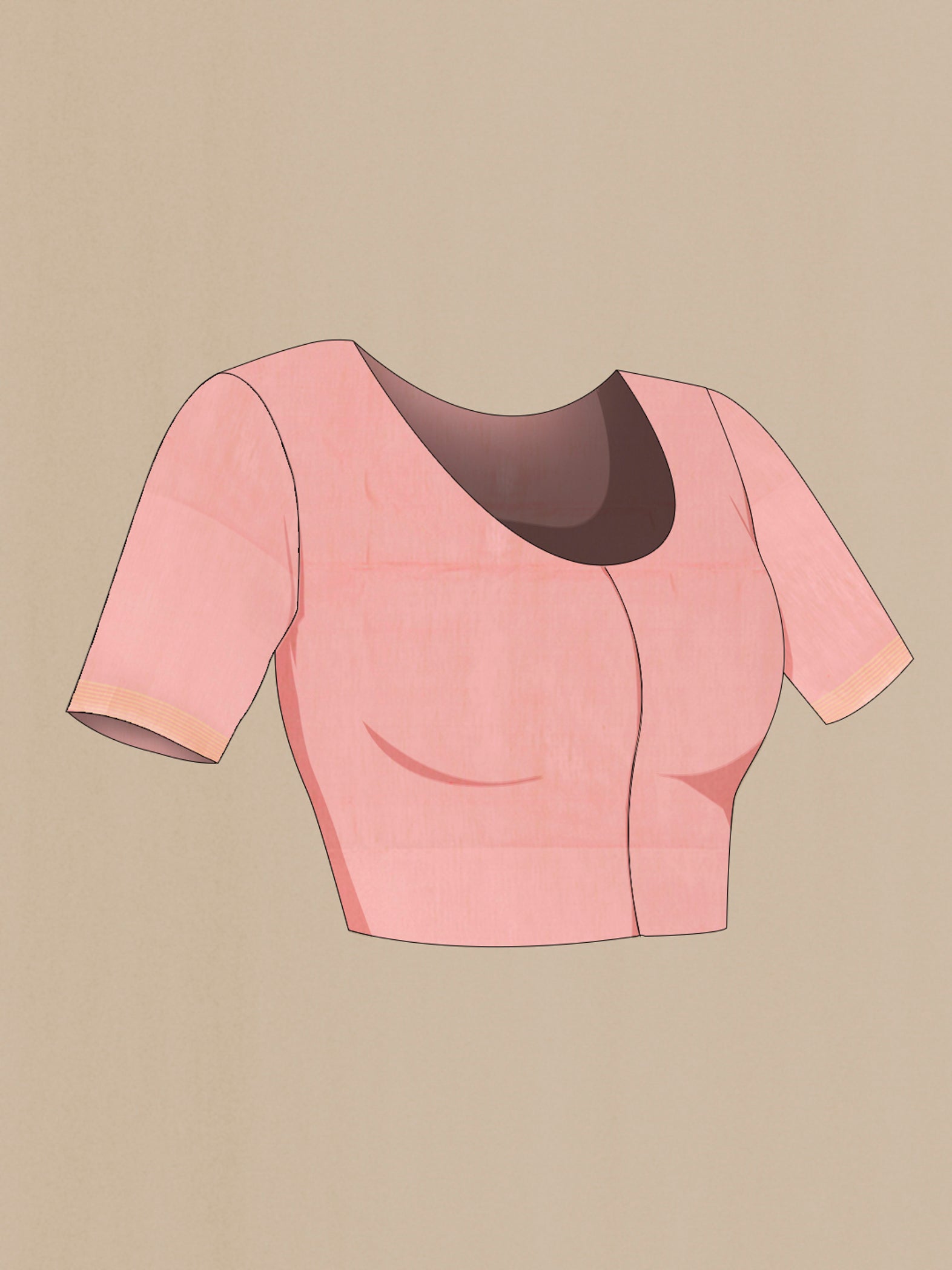 Close up image of the blouse of Coral Soft Silk Saree with Zari Butta on the body and Plain Border. 