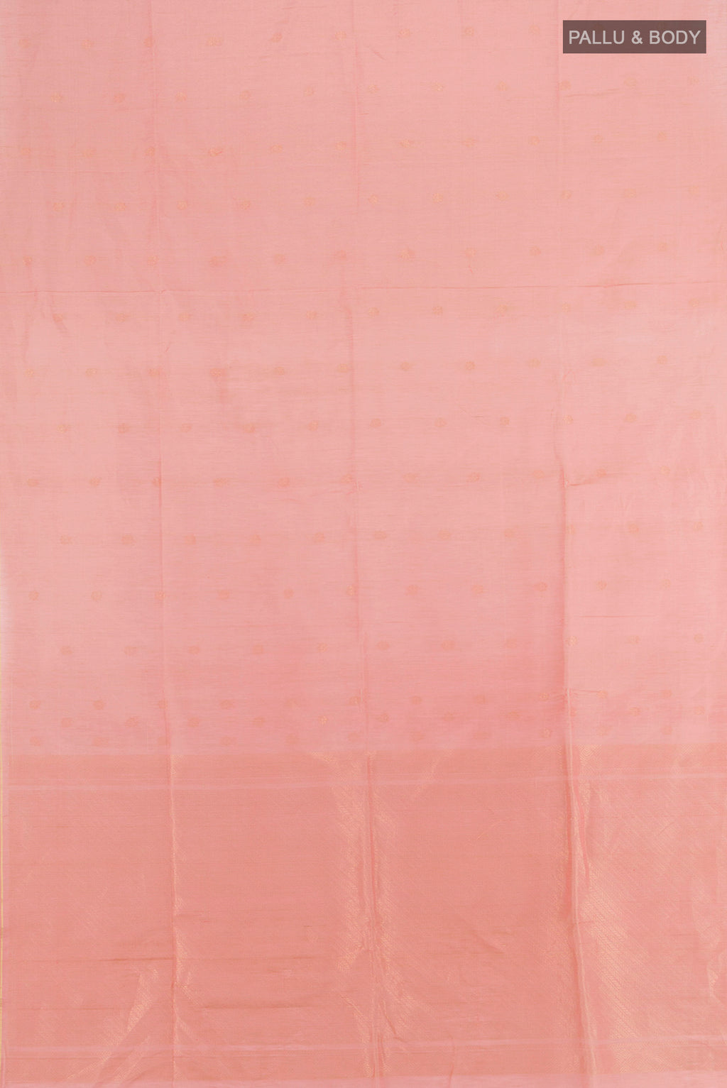 Flat view of Coral Soft Silk Saree with Zari Butta on the body and Plain Border. 