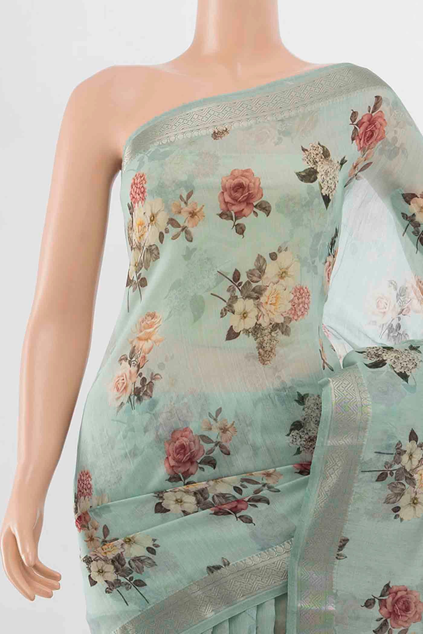 Border image of Light Green Tussar Silk Saree with Floral Print on the body and Silk Border