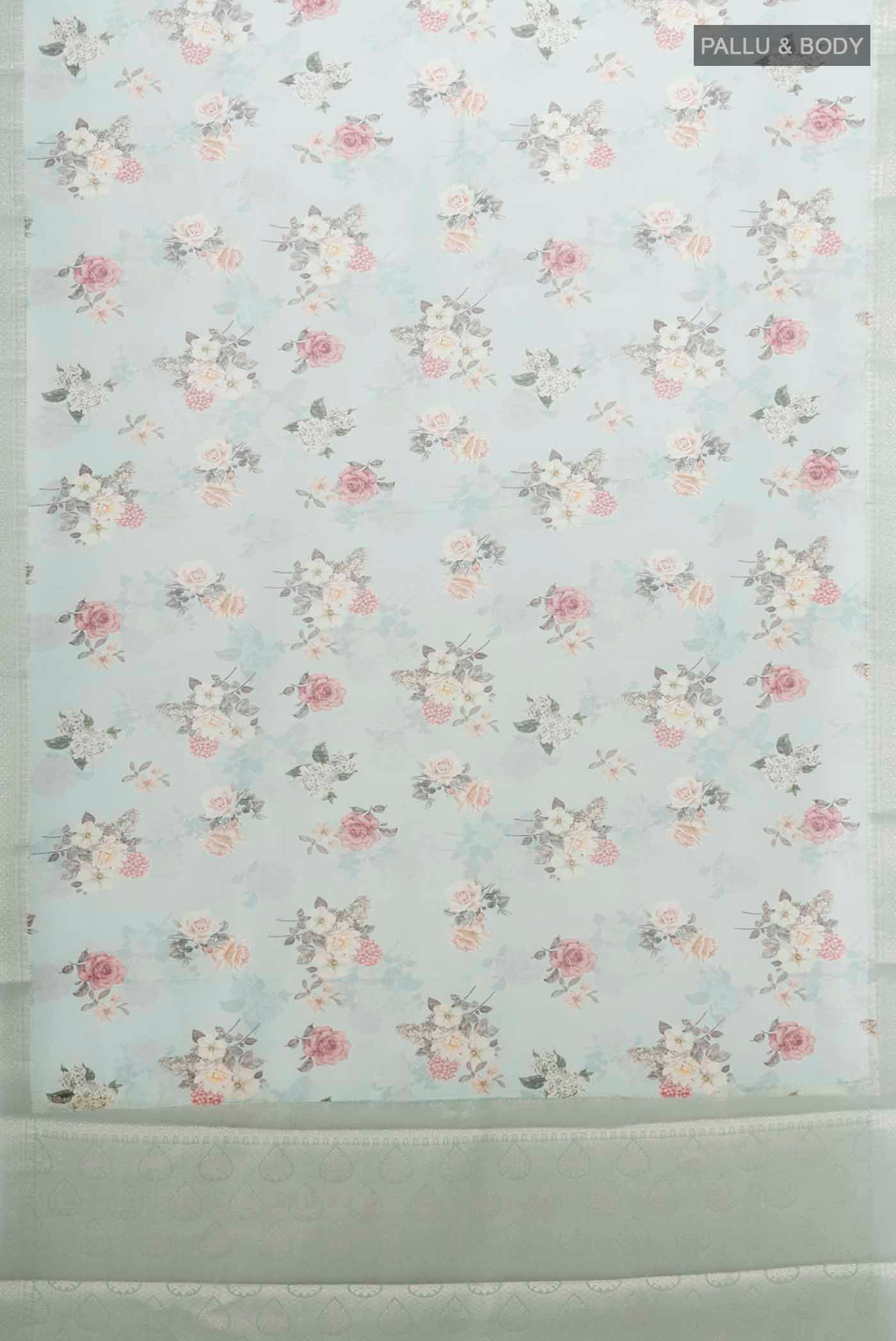 Flat view of Light Green Tussar Silk Saree with Floral Print on the body and Silk Border