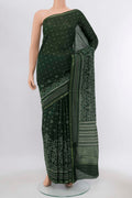 Green Printed Silk Saree with Floral Print on the body and Silk Border displayed on a mannequin