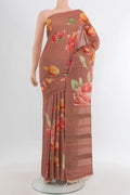 Rust Tussar Silk Saree with Floral Print on the body and Without Border.  displayed on a mannequin