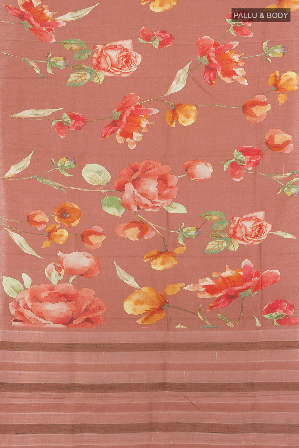 Flat view of Rust Tussar Silk Saree with Floral Print on the body and Without Border. 