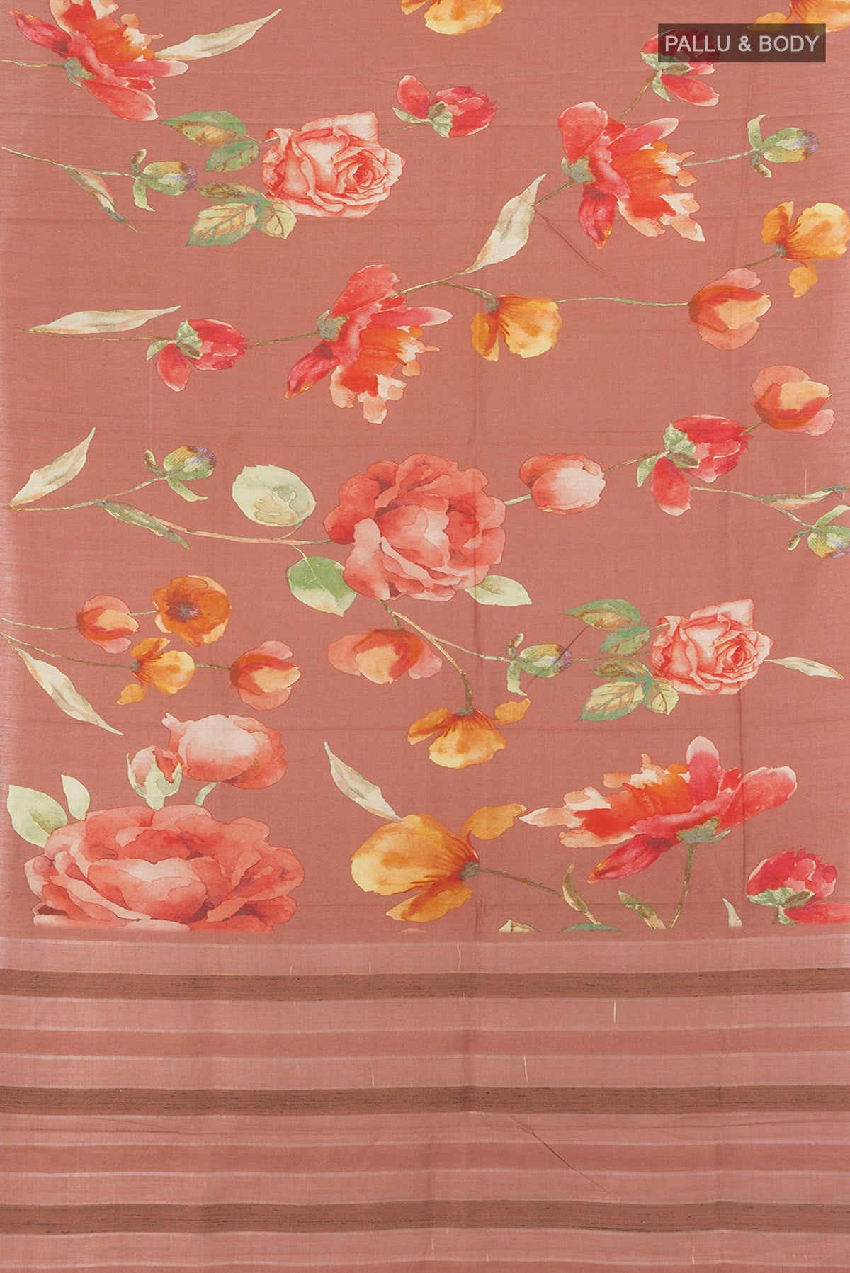 Flat view of Rust Tussar Silk Saree with Floral Print on the body and Without Border. 