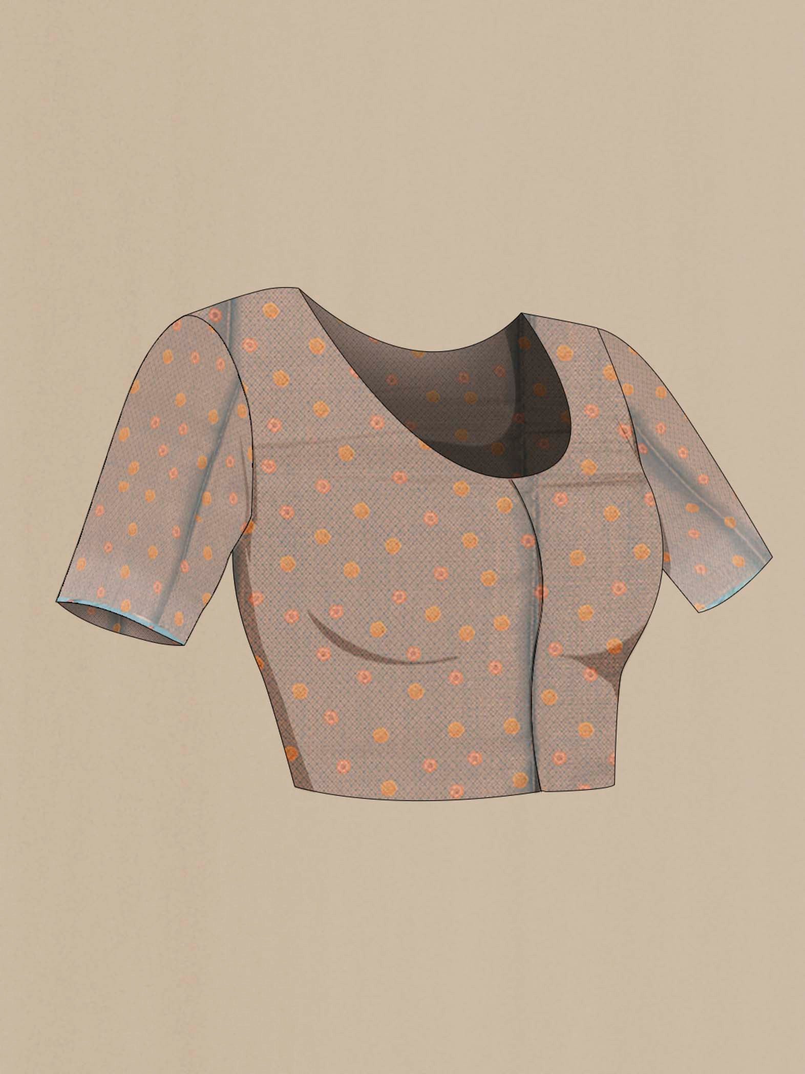 Close up image of the blouse of Grey Tussar Silk Saree with Zari Butta on the body and Silk Border. 