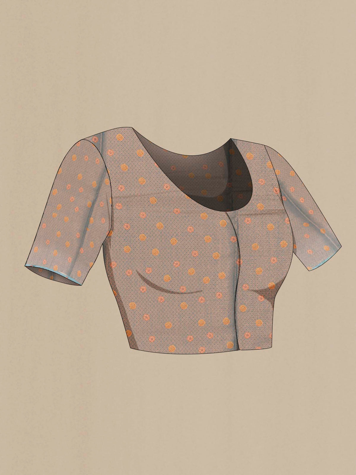 Close up image of the blouse of Grey Tussar Silk Saree with Zari Butta on the body and Silk Border. 