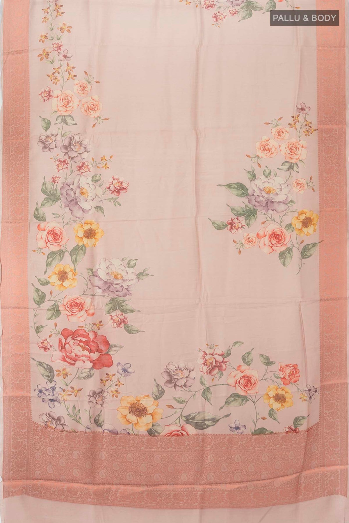 Flat view of Beige Tussar Silk Saree with Zari Butta on the body and Silk Border