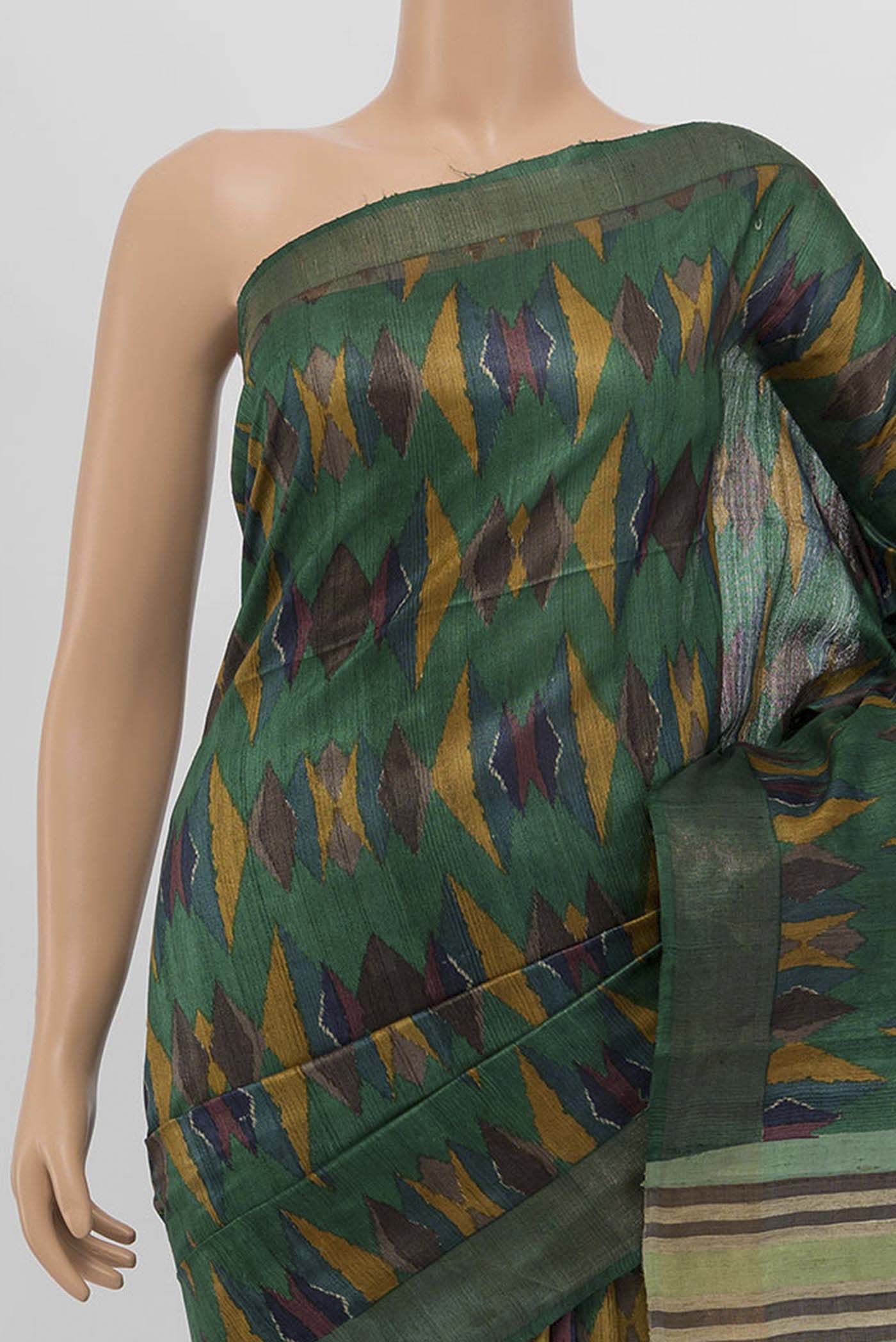Border image of Green Tussar Saree with Stripes on the body and Fancy Border