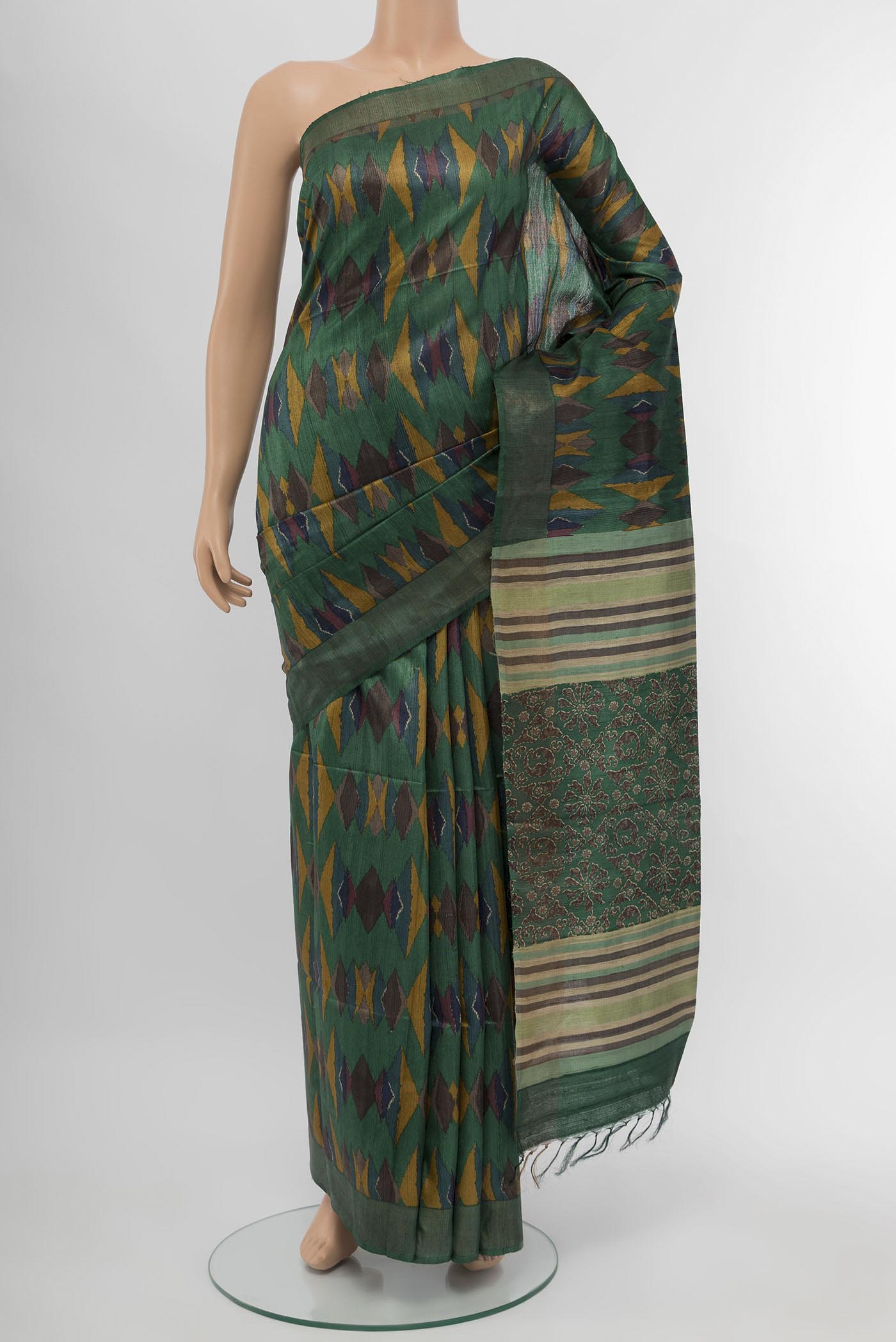 Green Tussar Saree with Stripes on the body and Fancy Border displayed on a mannequin
