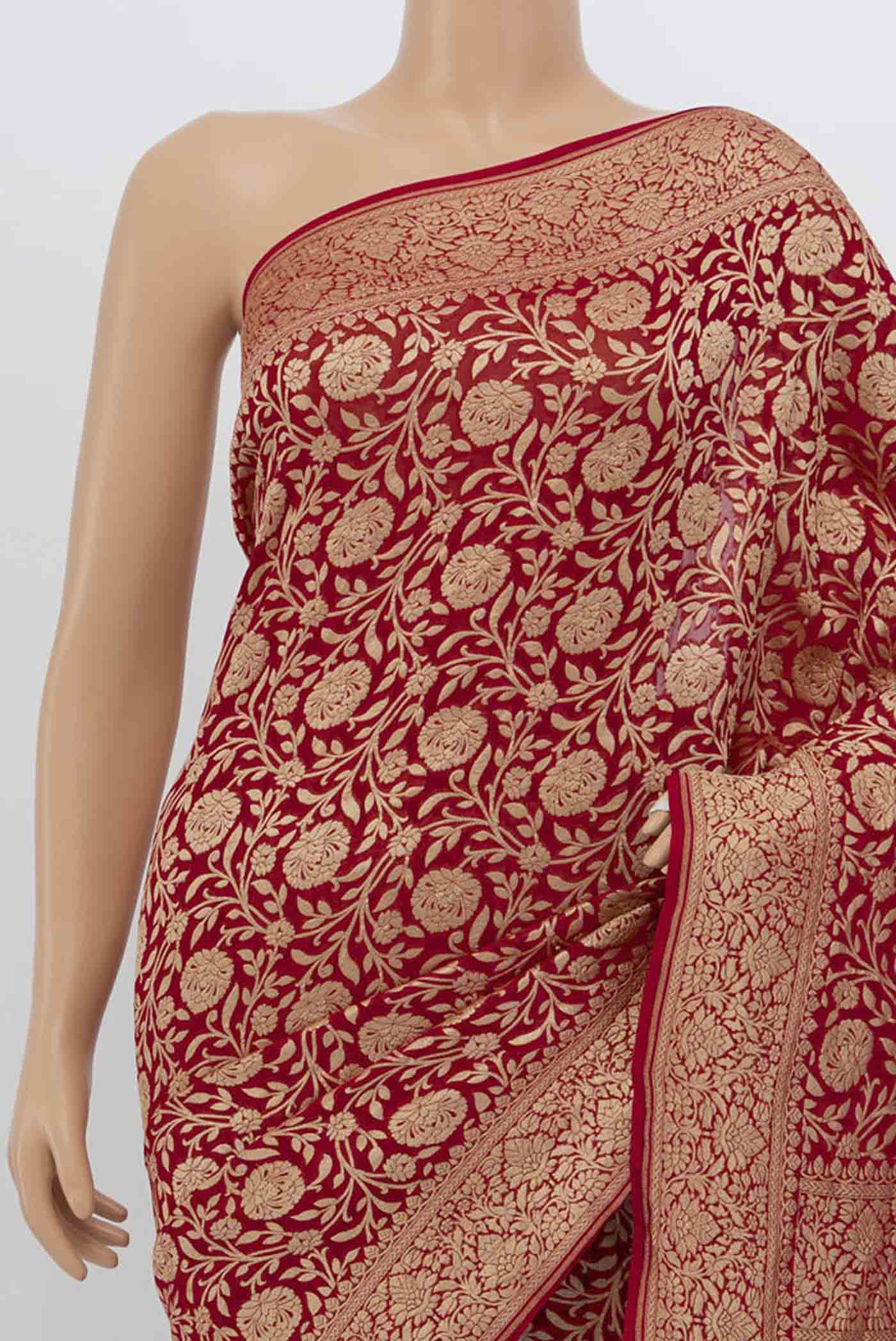 Border image of Red Blended Banarasi Saree with Zari Brocade on the body and Zari Border