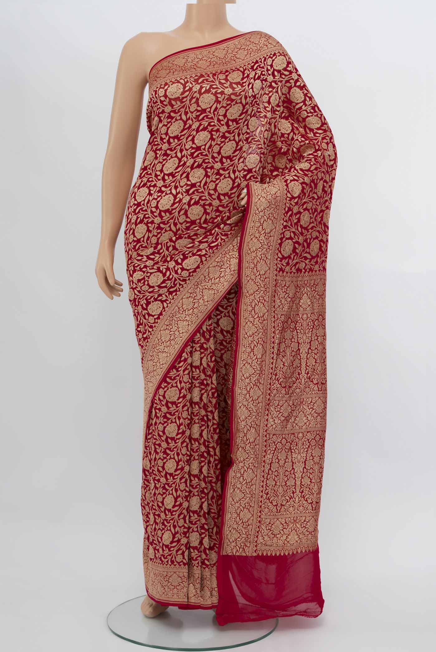 Red Blended Banarasi Saree with Zari Brocade on the body and Zari Border displayed on a mannequin