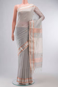Grey Maheshwari Silk Cotton Saree with Stripes on the body and Zari Border displayed on a mannequin