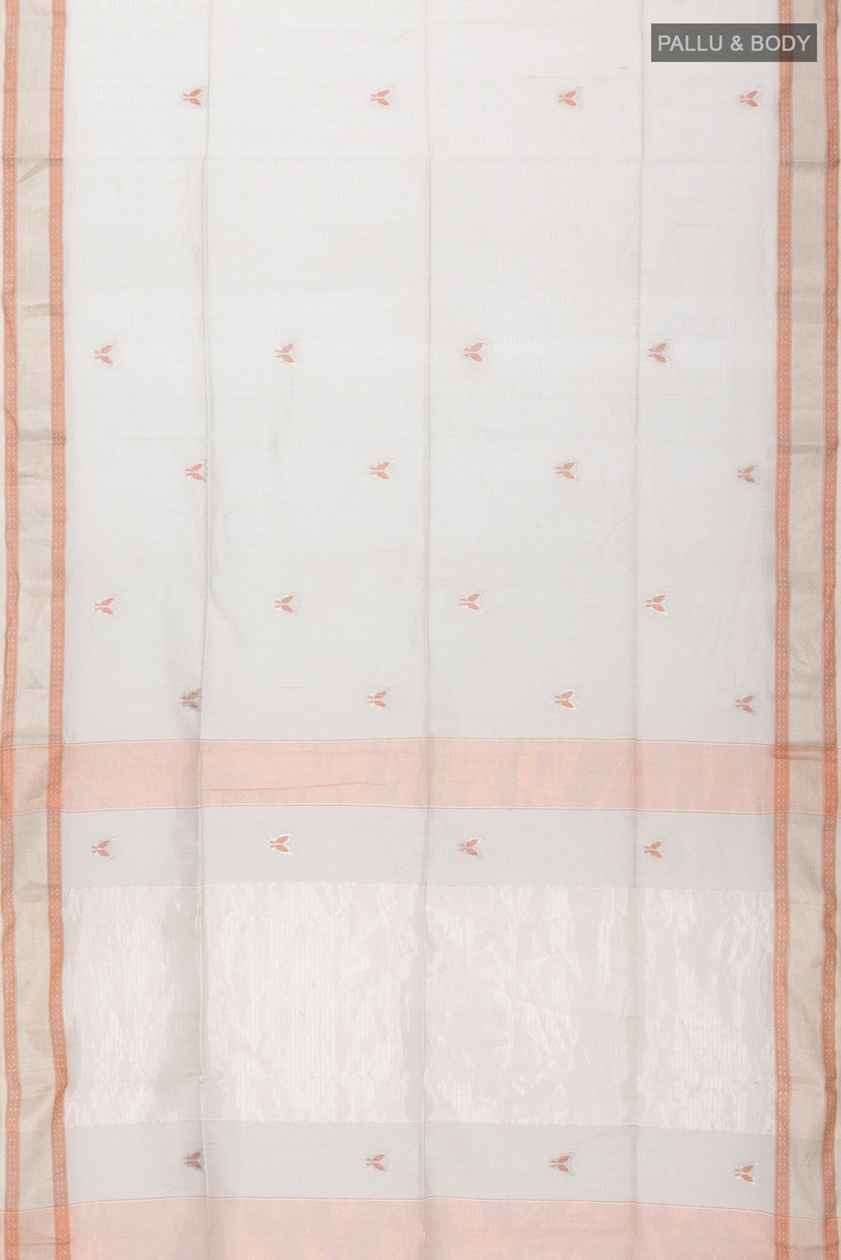 Flat view of Grey Maheshwari Silk Cotton Saree with Stripes on the body and Zari Border