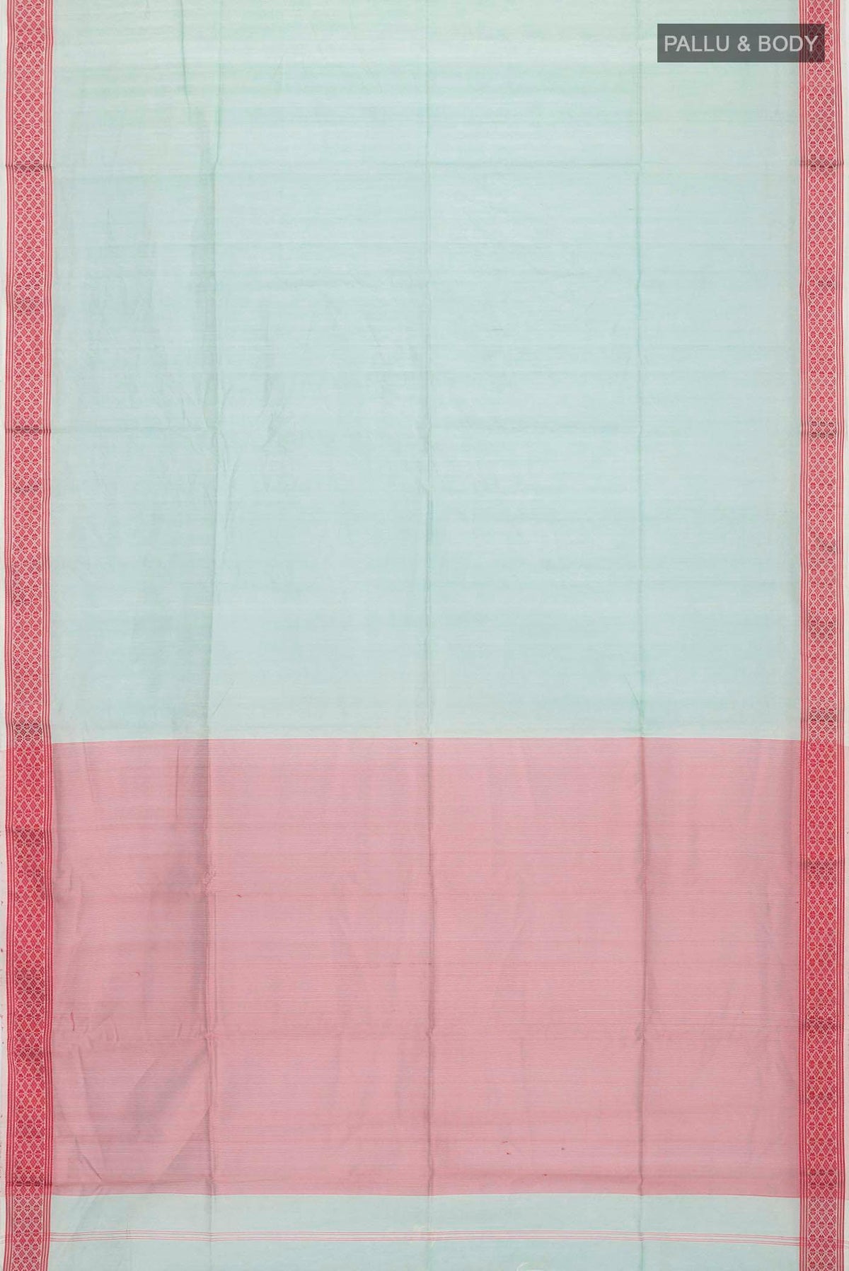 Flat view of Light Blue Maheshwari Silk Cotton Saree with Plain Body and Thread Border