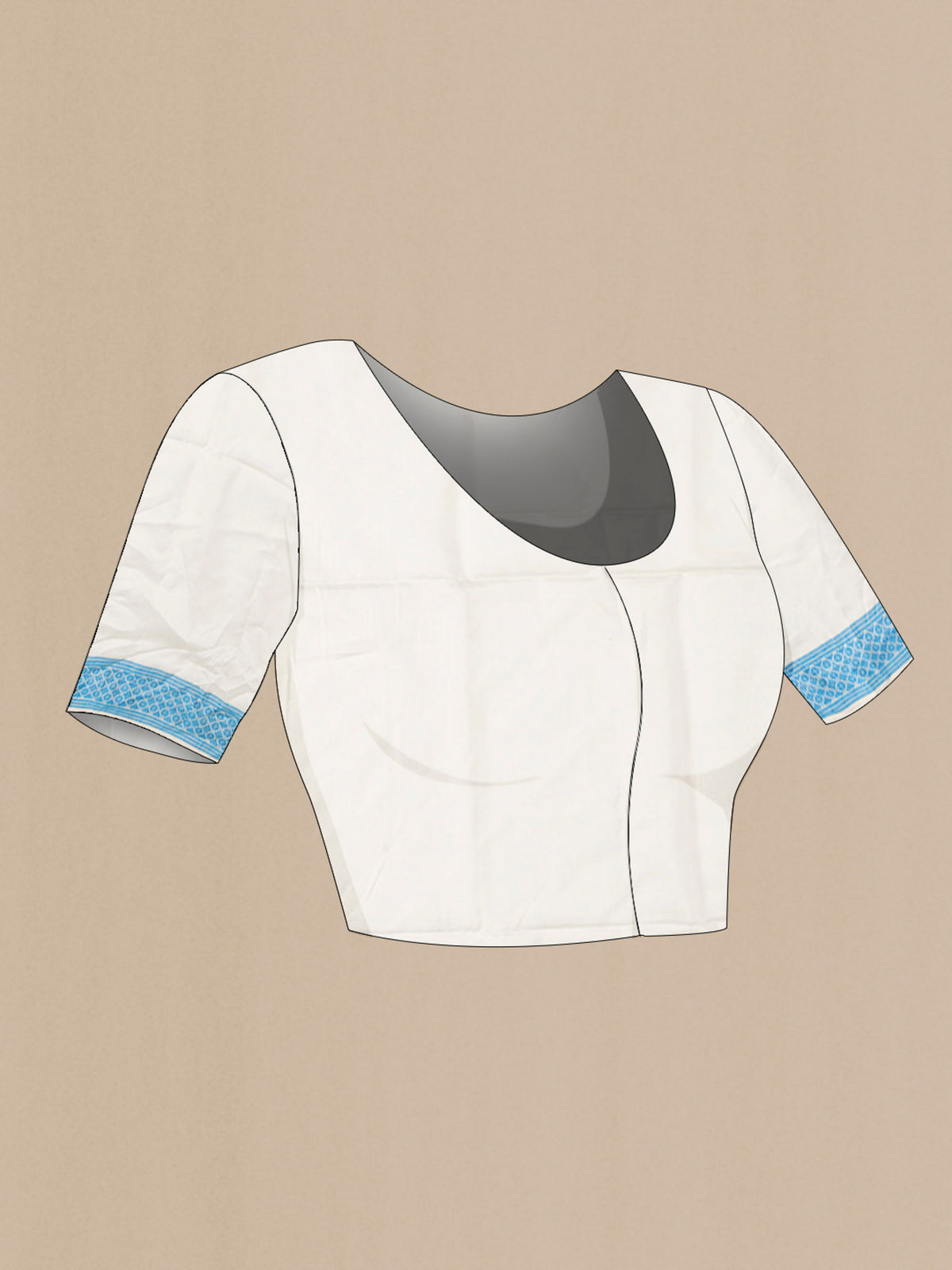 Close up image of the blouse of Off White Maheshwari Silk Cotton Saree with Plain Body and Thread Border